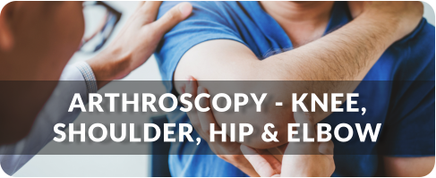 A doctor examines the elbow of a patient. Title reads: Arthroscopy - Knee, Shoulder, Hip, and Elbow