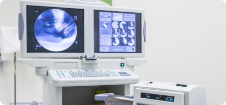 An arthroscopy machine displays images of a knee during a medical procedure