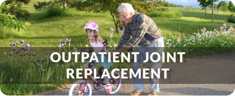 Two men in jackets and helmets are standing next to their bikes on a wooded path. Title reads: Outpatient Joint Replacement